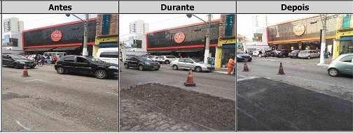 Antes, durante e depois do serviço de Tapa-Buraco na rua Gonçalves Lêdo